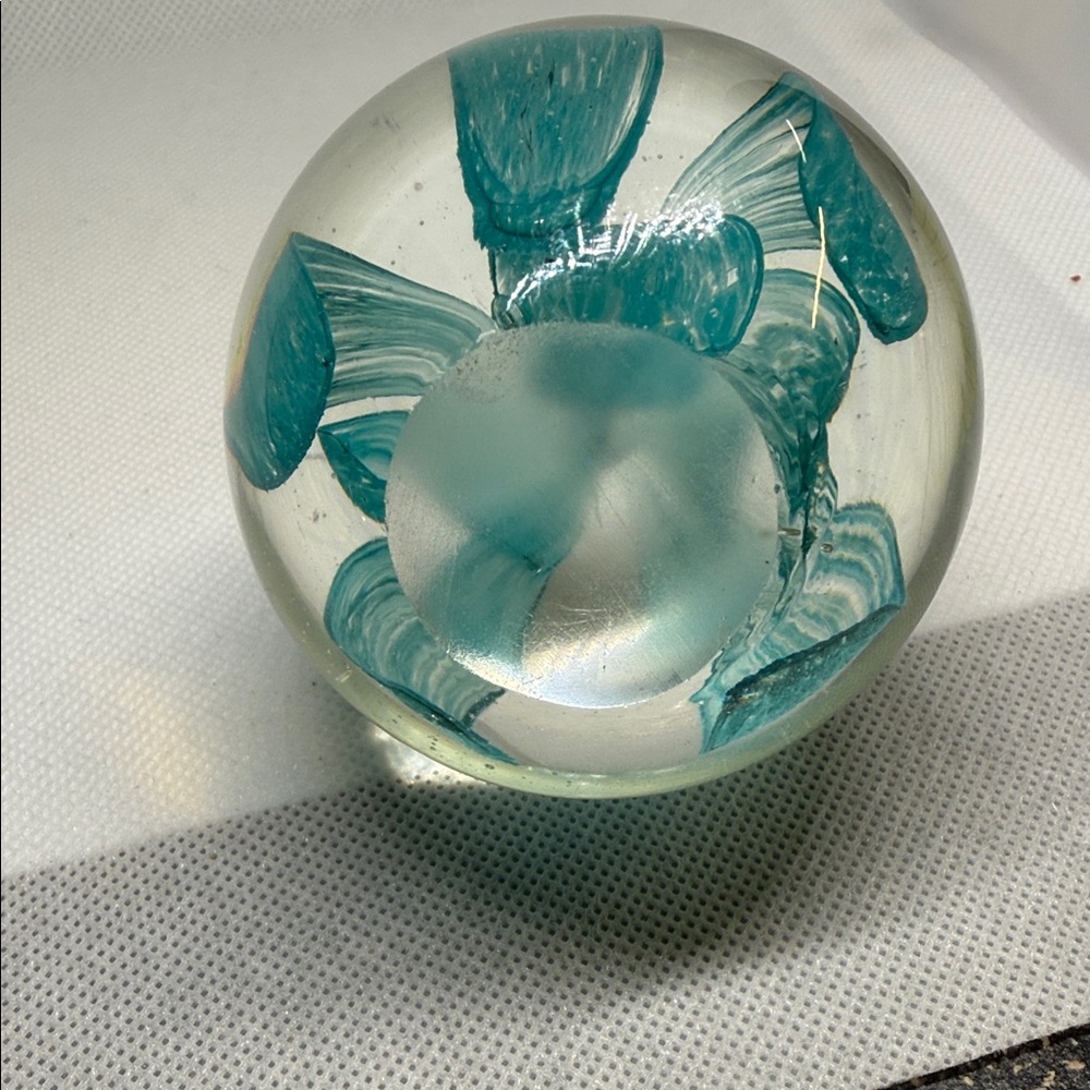 Glass Art Paper Weight Sphere with Teal Floral Design 2 Inches Tall - Picture 2 of 11